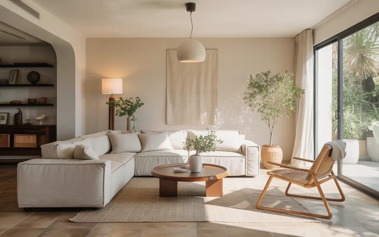 “Minimalist living room with open layout, airy space, neutral furniture, natural light, spacious and modern interior, Pinterest aesthetic”