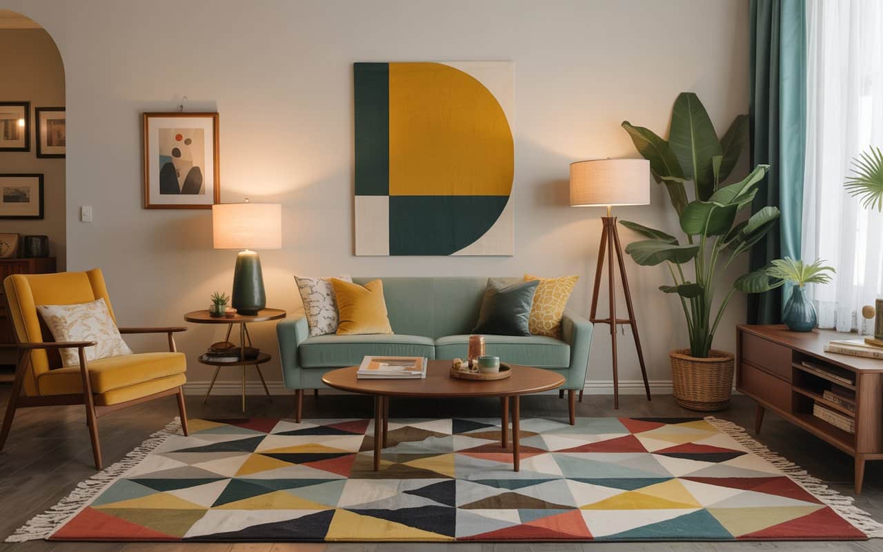 “Mid-century modern living room with geometric patterned rug, mustard and teal accents, stylish decor, neutral walls”
