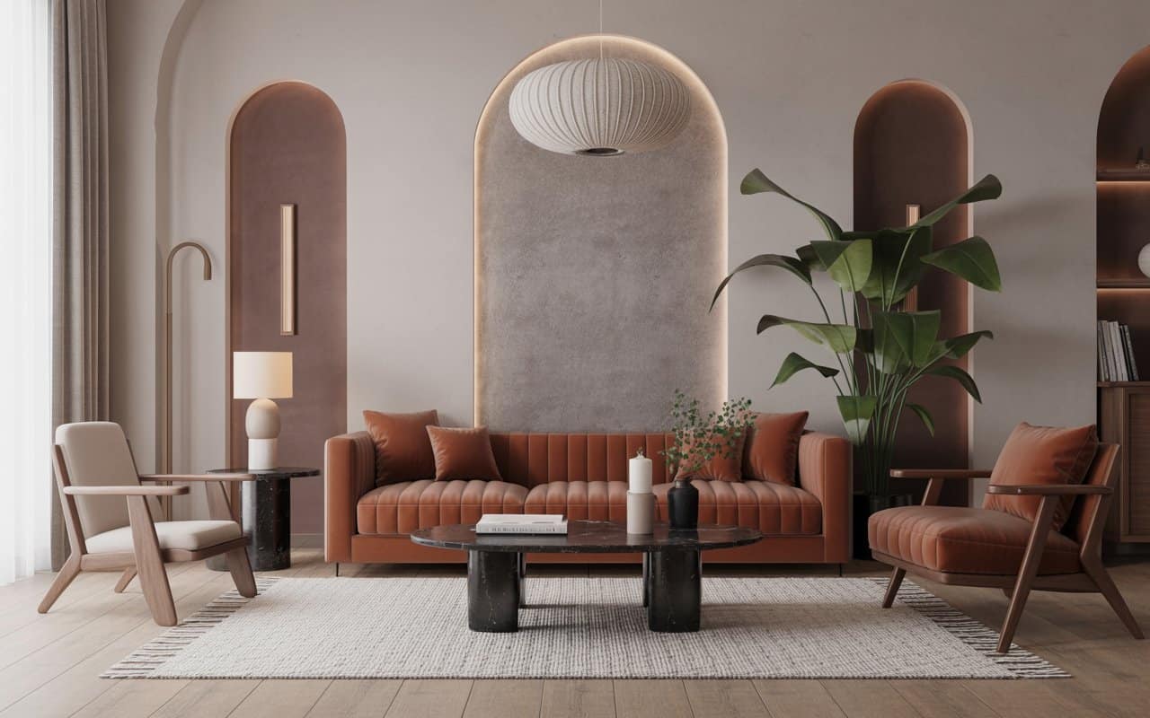 Elegant living room interiors with layered textures, velvet cushions, wool rugs, wooden furniture, modern luxurious decorâ