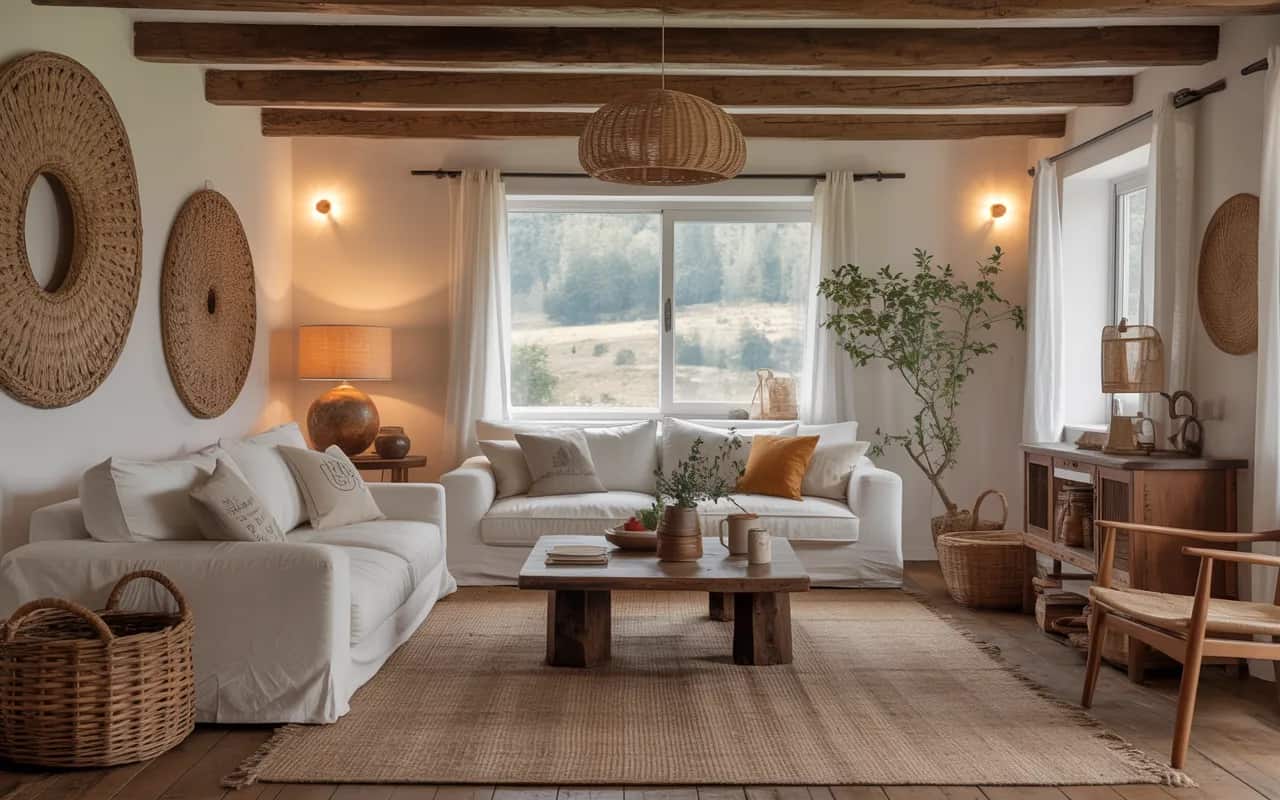 “Rustic earthy living room with wooden beams, reclaimed wood furniture, rattan baskets, wool rugs, cozy natural décor, Pinterest aesthetic.”