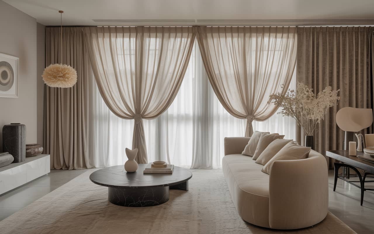 Modern living room with layered curtains, sheer and velvet fabric, neutral color palette, luxurious stylish interior”