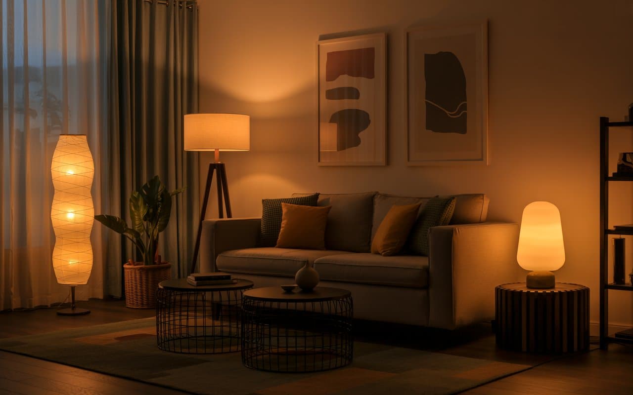 Living room with layered lighting, warm ambient glow, floor lamp, table lamp, cozy evening interior photography”
