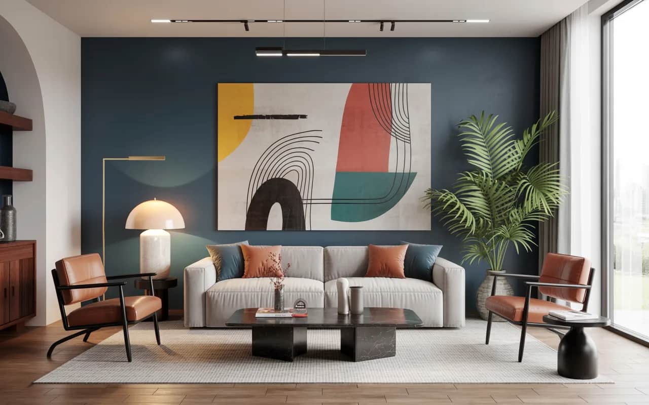 Modern living room with abstract wall art, accent wall, sleek furniture, artistic and Pinterest-friendly interior.