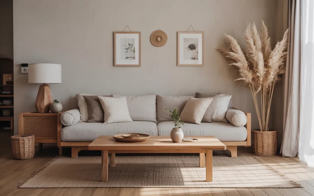 “Japandi living room, low wooden furniture, neutral colors, minimalist décor, clean lines, cozy and serene, Pinterest aesthetic.”
