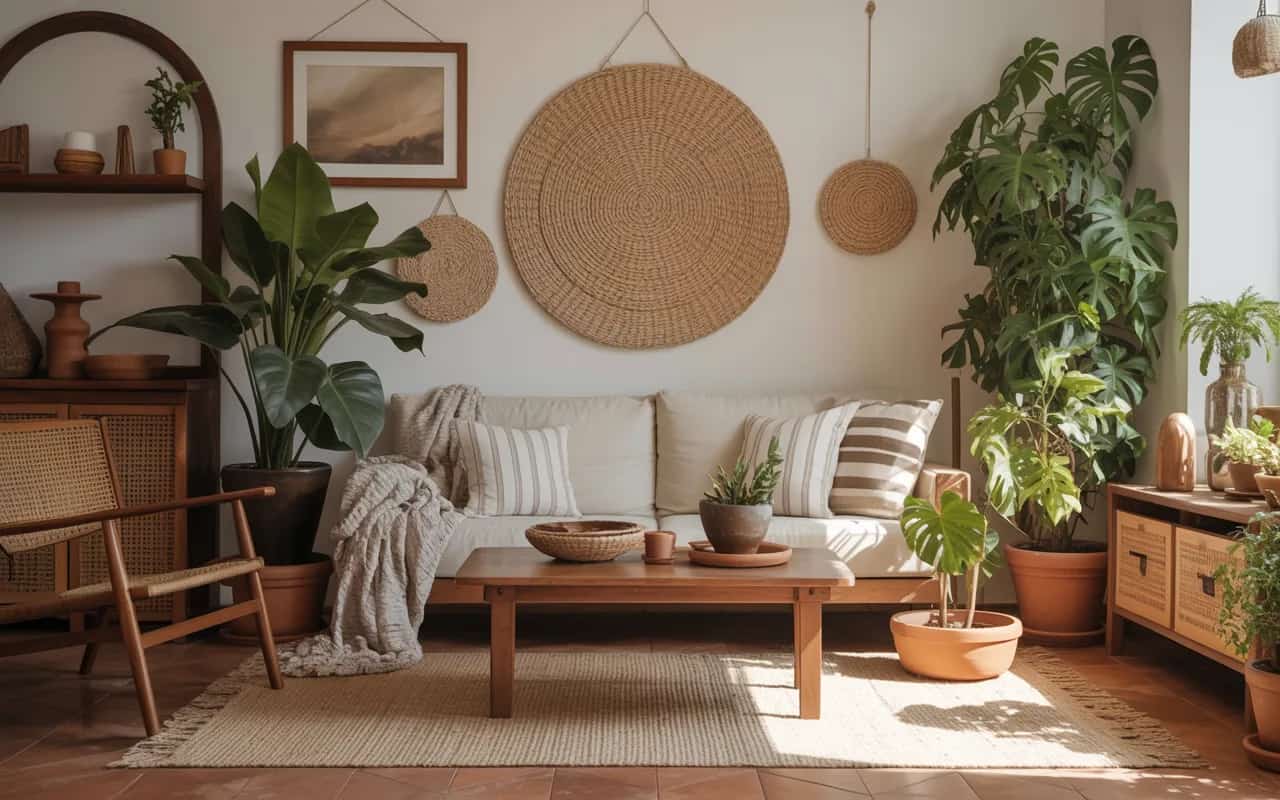 Earthy living room with indoor plants, wooden furniture, terracotta pots, layered textiles, natural and cozy Pinterest aesthetic.”