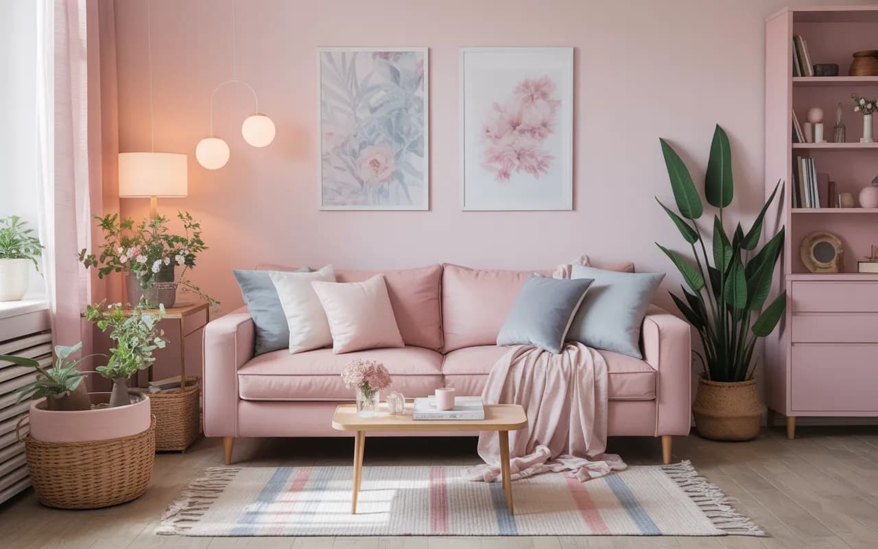 “Pastel aesthetic living room, soft pink and blue tones, cozy cushions, delicate décor, airy and light, Pinterest-inspired design.”