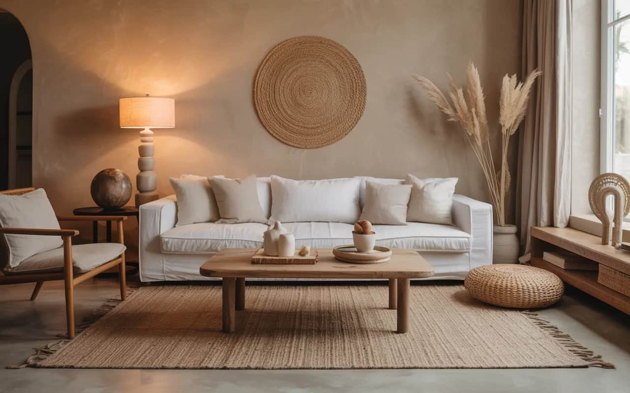 Neutral earthy living room, beige and taupe palette, wooden furniture, wool rugs, linen cushions, warm lighting, cozy and Pinterest aesthetic.”