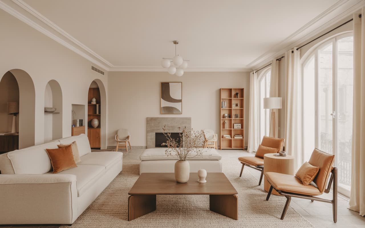 “Living room with smart furniture layout, open flow, seating arranged for conversation, modern airy interior design”