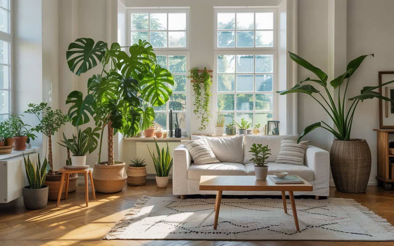 Living room with indoor plants, large floor plant, small potted plants, natural sunlight, fresh airy interior”