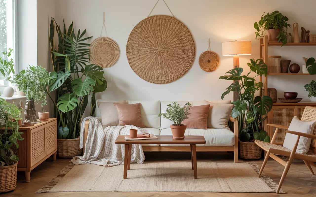“Nature-inspired living room, indoor plants, wooden furniture, earthy tones, cozy eco-friendly Pinterest aesthetic.”