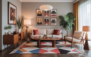 “Mid-century modern living room with wooden furniture, clean lines, geometric rugs, warm tones, stylish interior design”