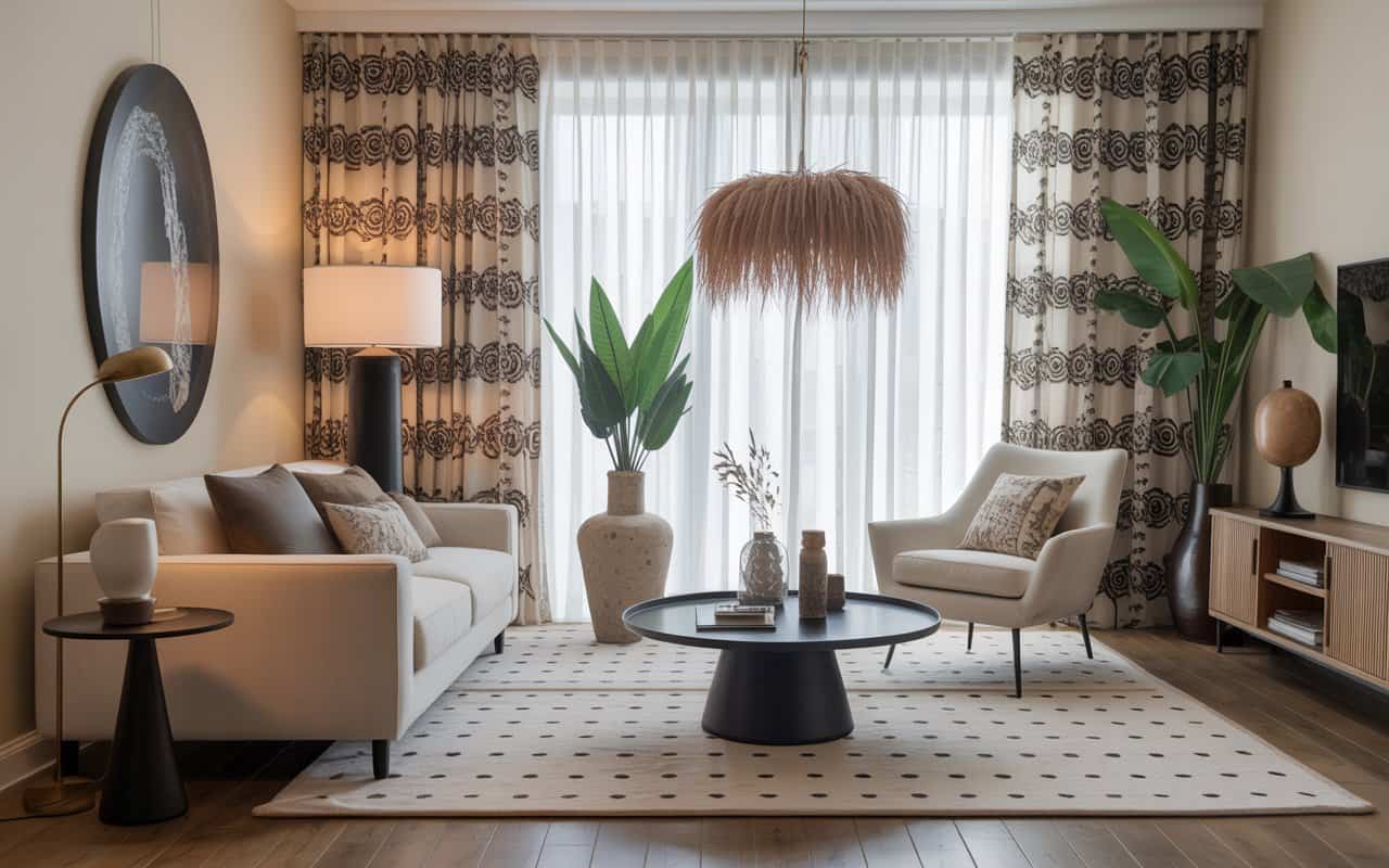 “Living room with patterned curtains, stylish accent furniture, modern elegant interior, natural light”