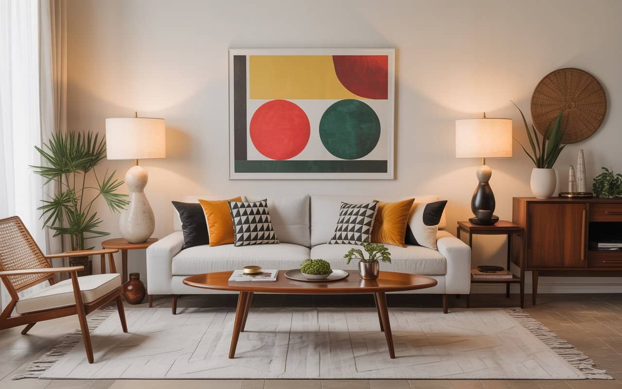 Mid-century modern living room with abstract artwork, geometric cushions, curated decor, stylish and cozy interior”