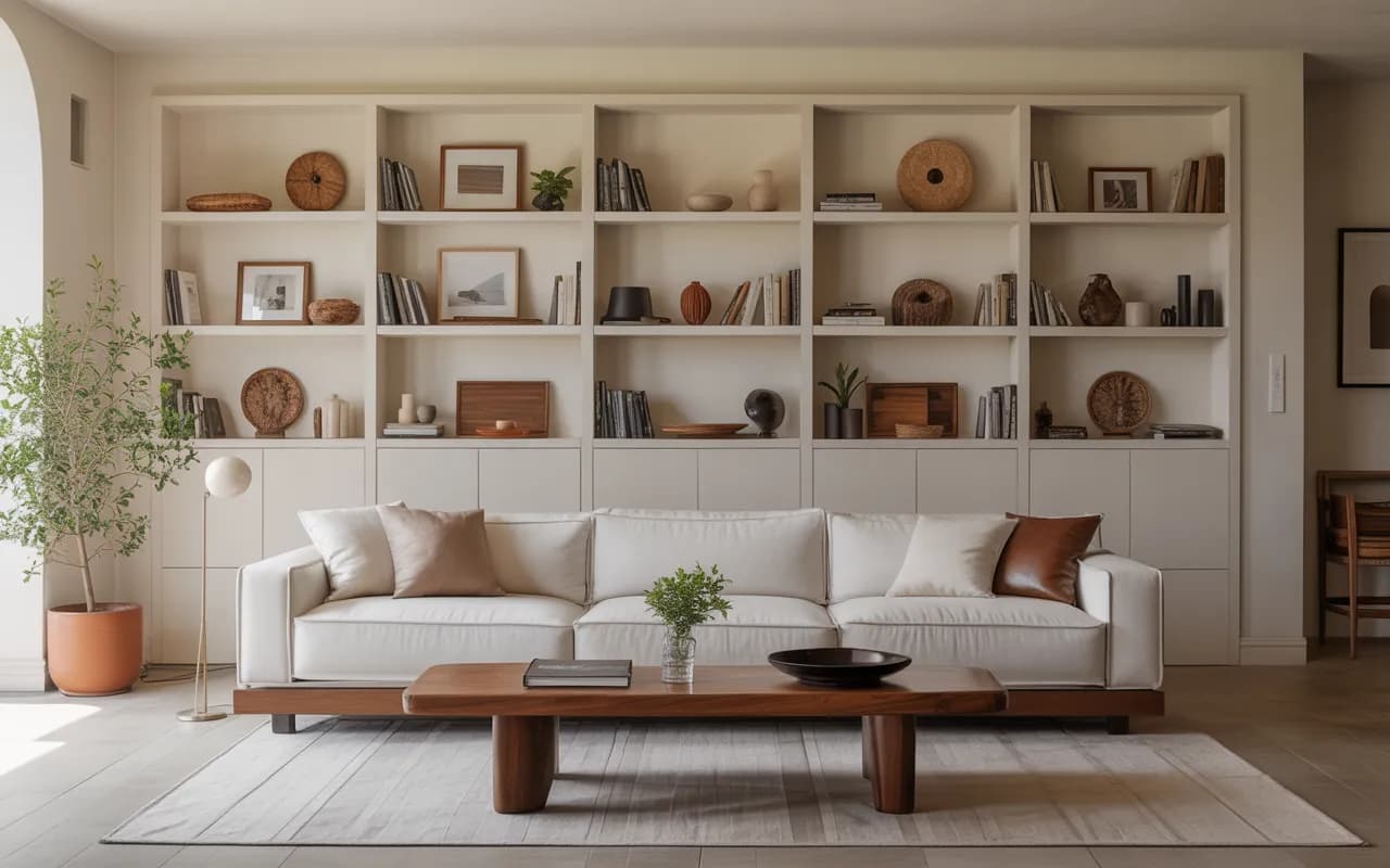 “Modern living room with sleek furniture, low-profile sofa, modular shelves, clean lines, organized and stylish, Pinterest aesthetic.”