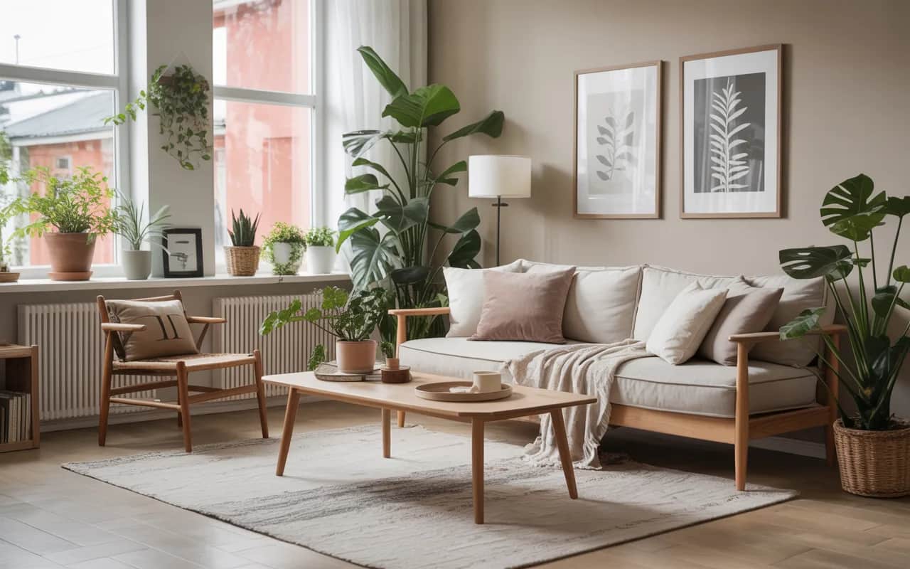 “Scandinavian living room, light wooden furniture, layered rugs and cushions, neutral walls, indoor plants, soft natural light, cozy minimalist style, Pinterest inspiration.”