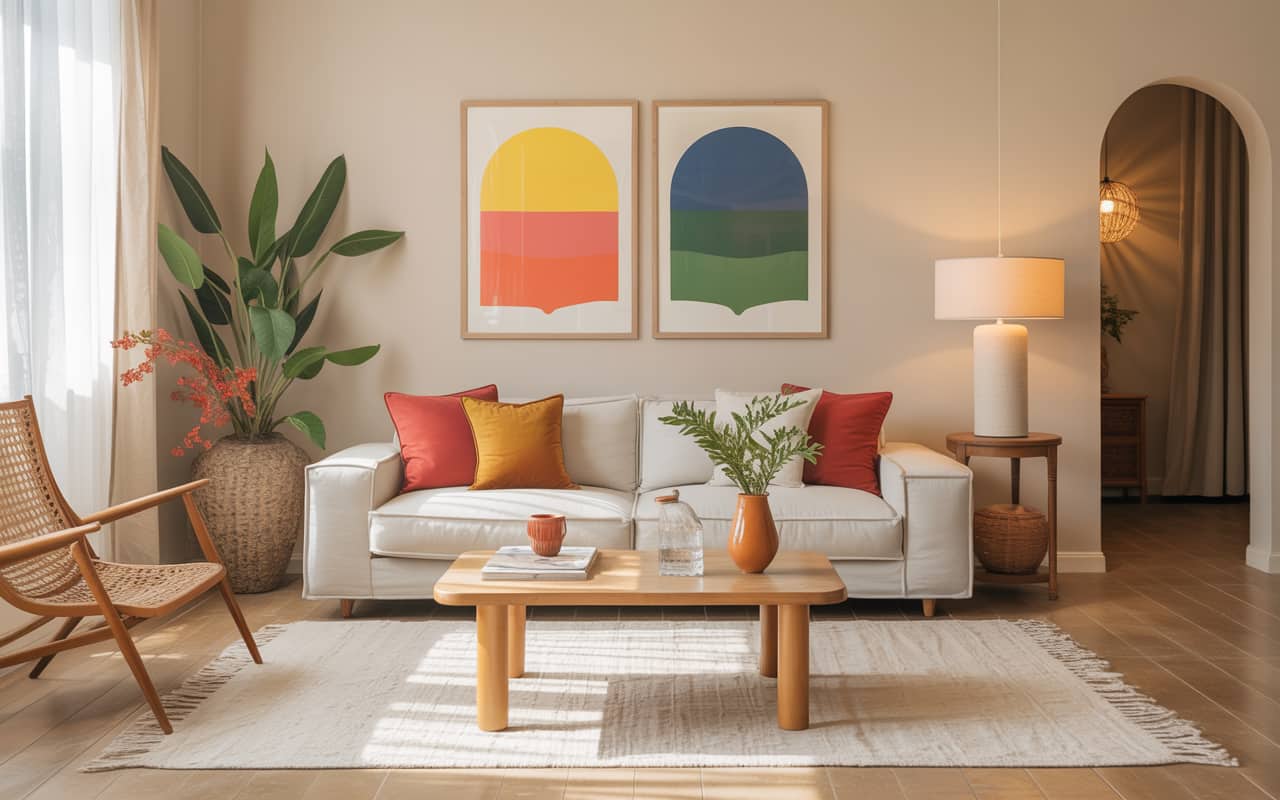 “Living room with neutral walls, colorful accents, cozy sofa, stylish pillows, natural light, modern interior photography”