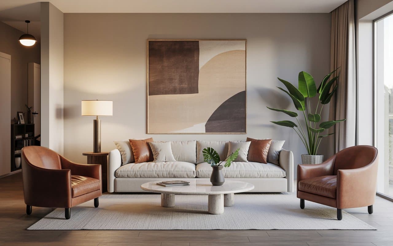 Modern living room with cozy sofa, accent chairs, coffee table, balanced furniture layout, inviting interior”