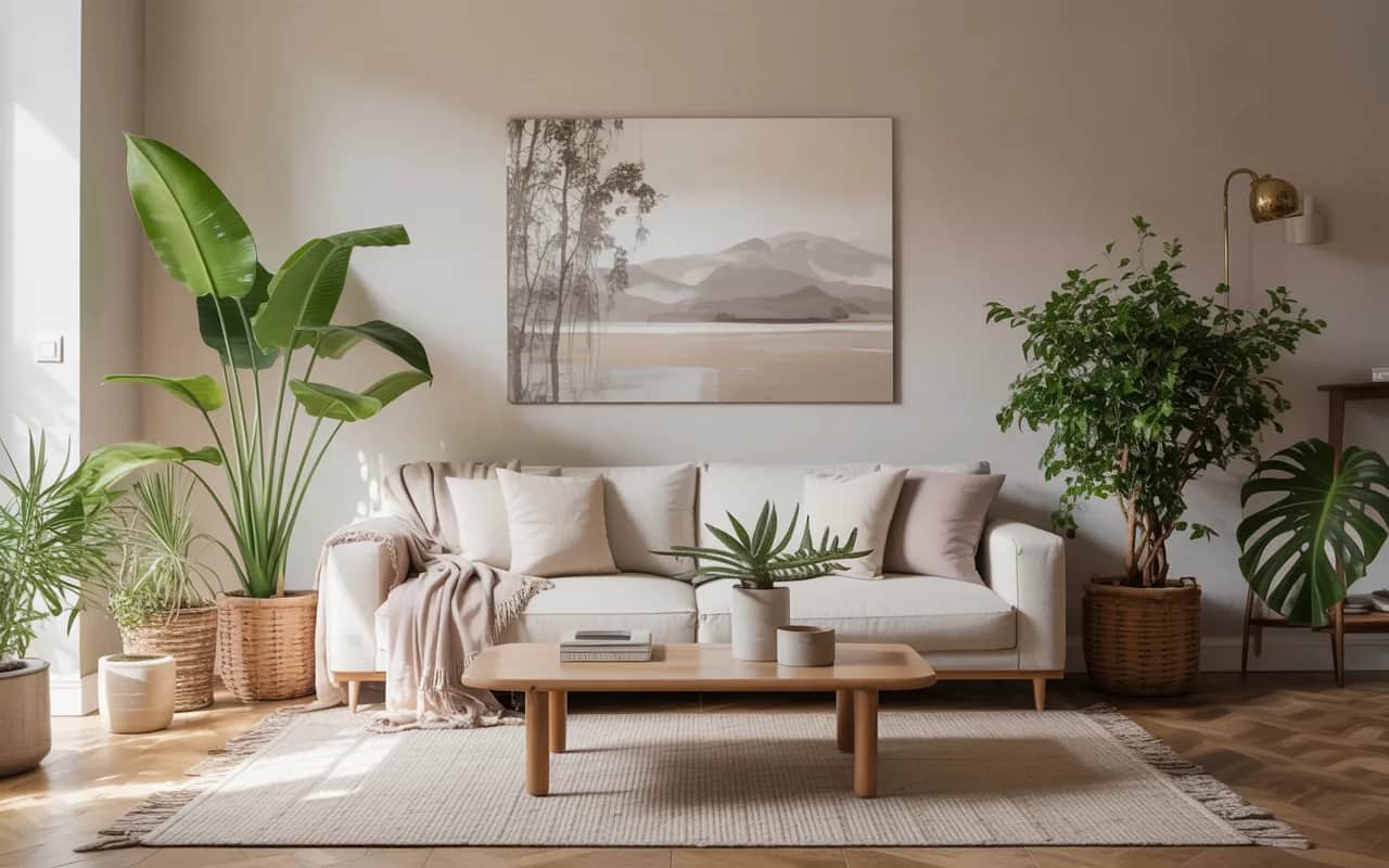Minimalist living room with indoor plants, neutral furniture, simple planters, natural and cozy modern Pinterest style”