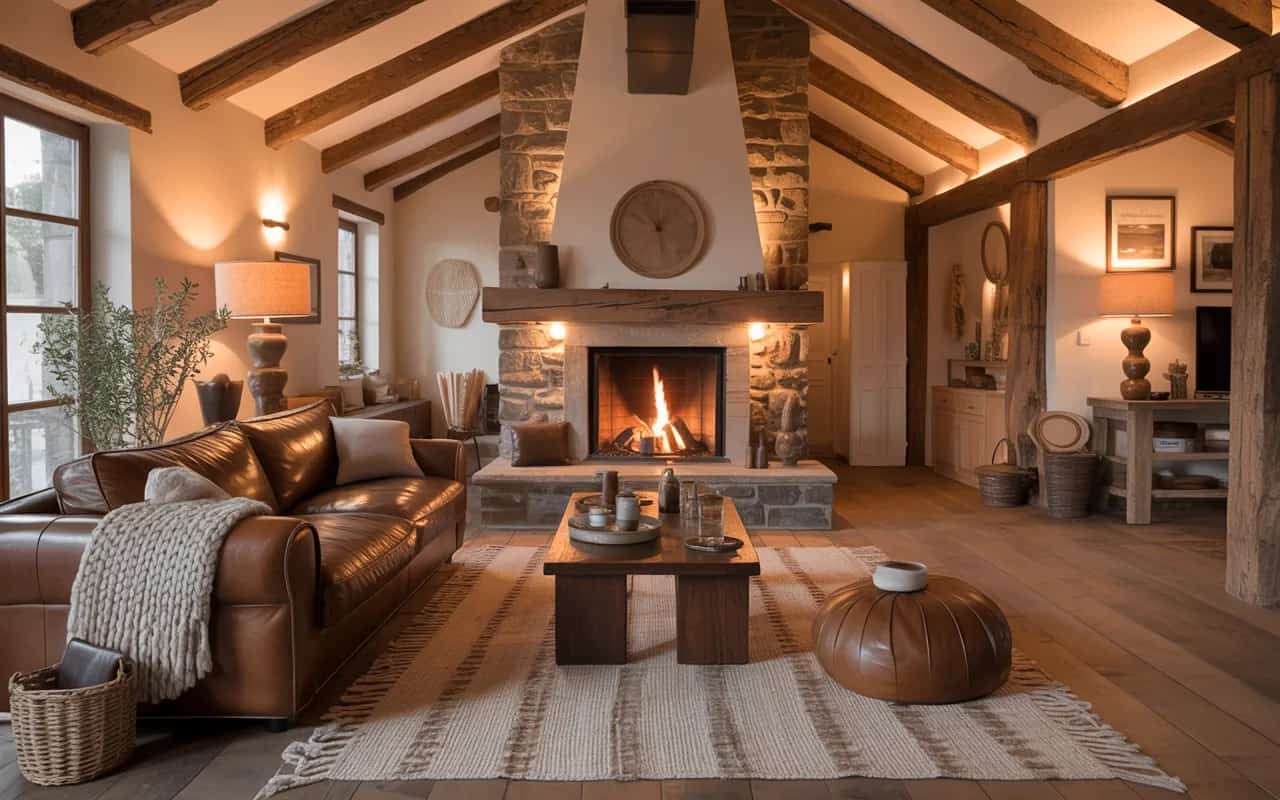 “Rustic living room, wooden beams, stone accents, leather sofa, knitted throws, warm lighting, cozy and inviting, Pinterest aesthetic.”