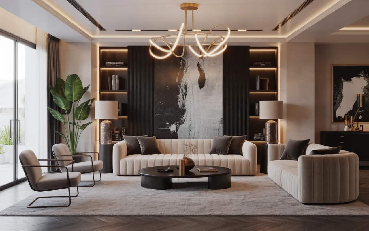 “Contemporary luxe living room, sleek furniture, metallic accents, plush rugs, statement lighting, modern and elegant, Pinterest aesthetic.”