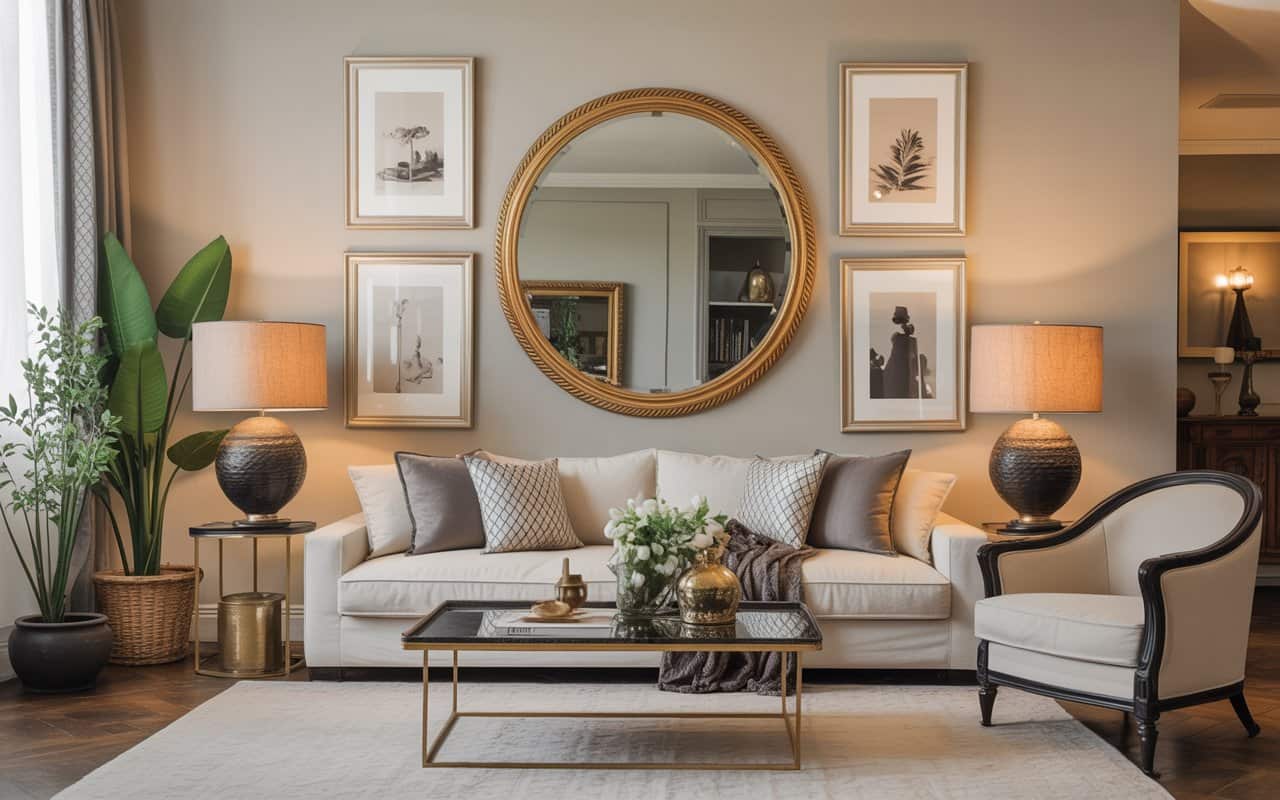 âLiving room wall decor with framed artwork, large mirror, gallery wall, luxurious elegant interiorâ