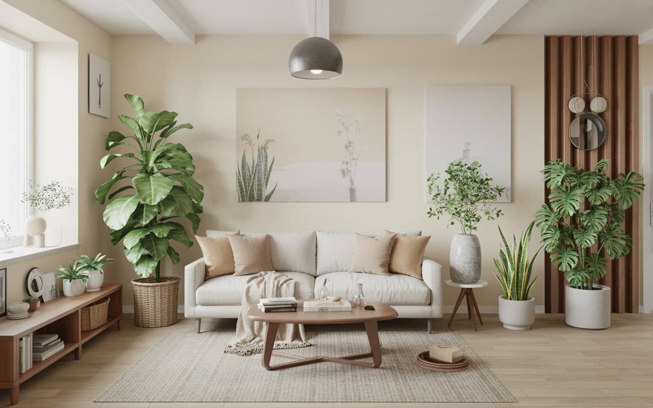 “Living room with indoor plants, large floor plant, small potted plants, natural light, fresh airy interior”