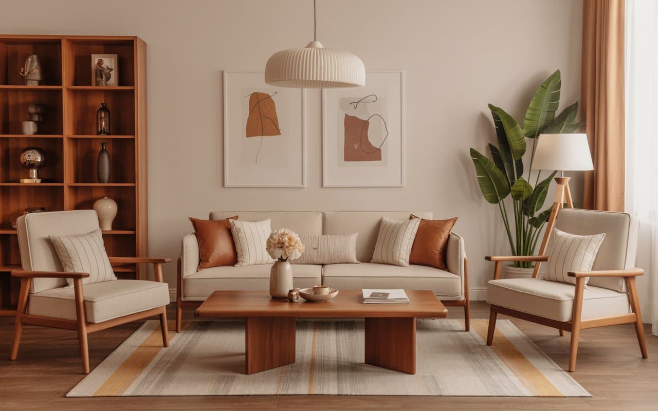 “Stylish living room furniture layout with sofa, armchairs, wooden coffee table, balanced spacing, warm inviting atmosphere”