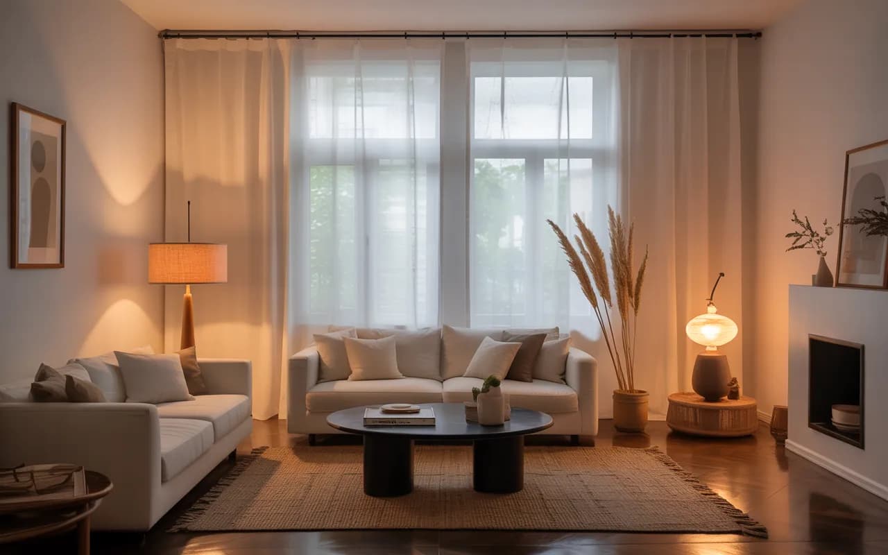 “Minimalist living room with natural light, sheer curtains, warm lighting, modern lamps, cozy and clean interior, Pinterest aesthetic”