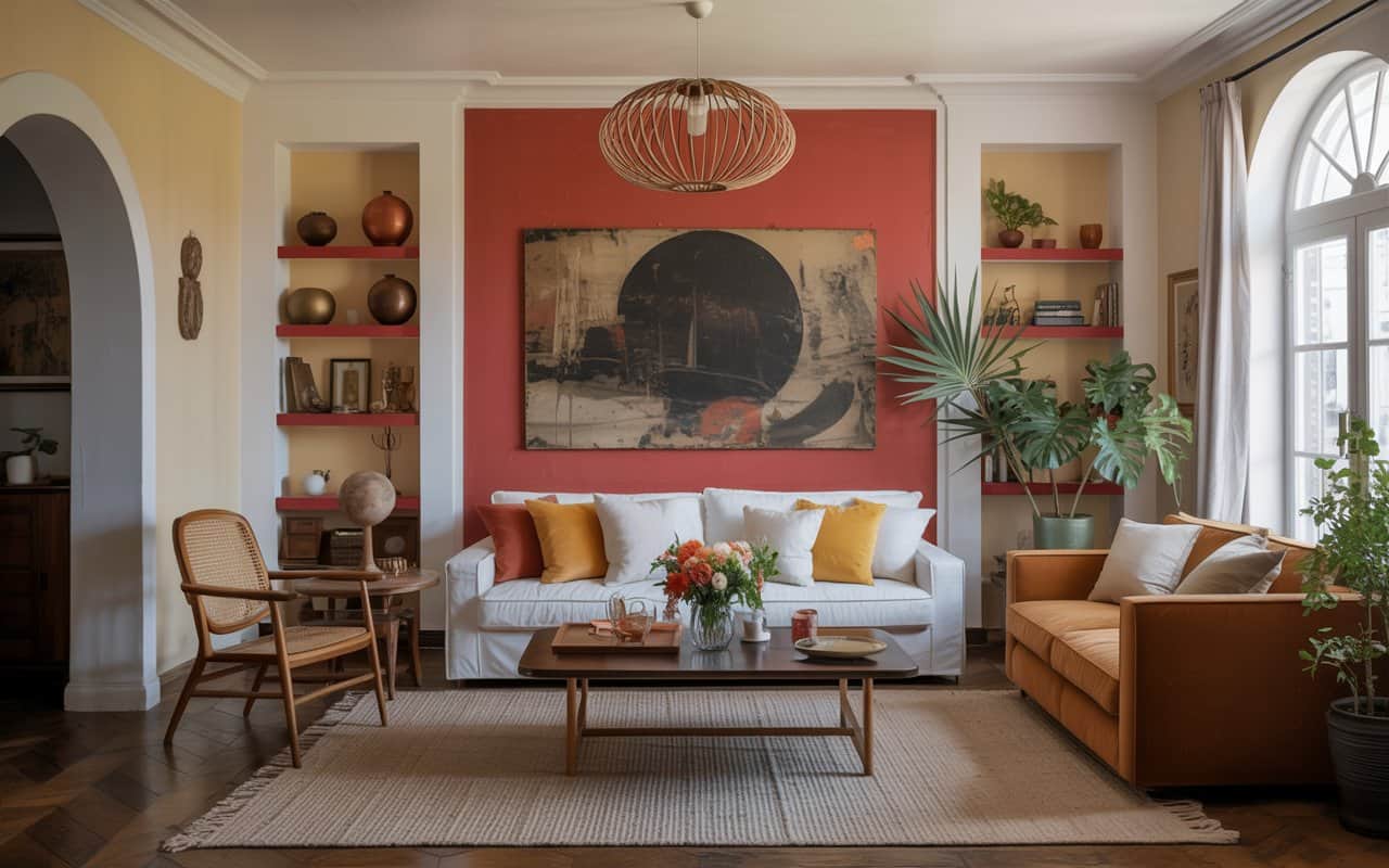 Living room mixing modern and vintage furniture, layered decor, warm and stylish interior”