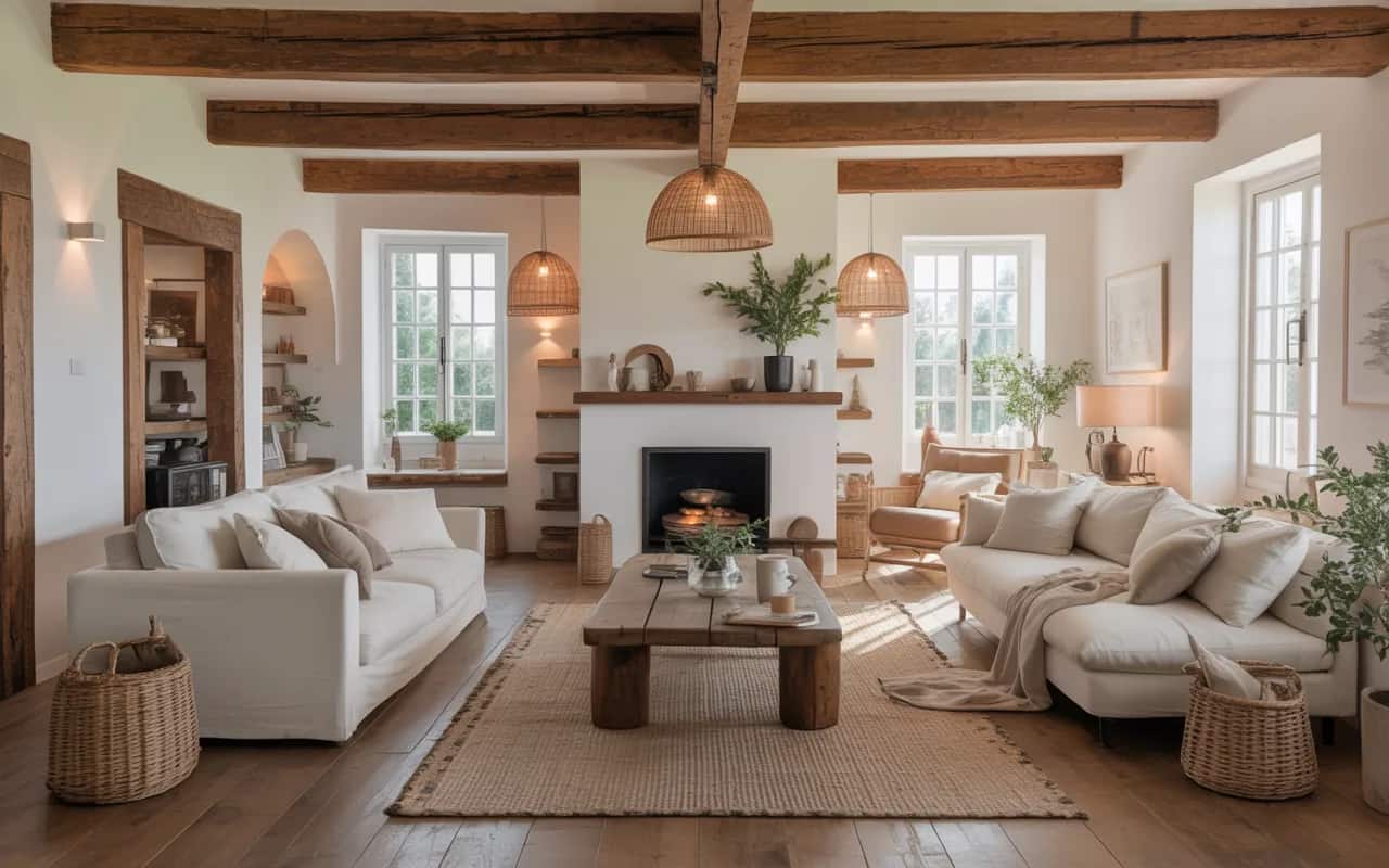 “Modern farmhouse living room, wooden beams, neutral colors, cozy furniture, rustic yet modern décor, Pinterest aesthetic.”