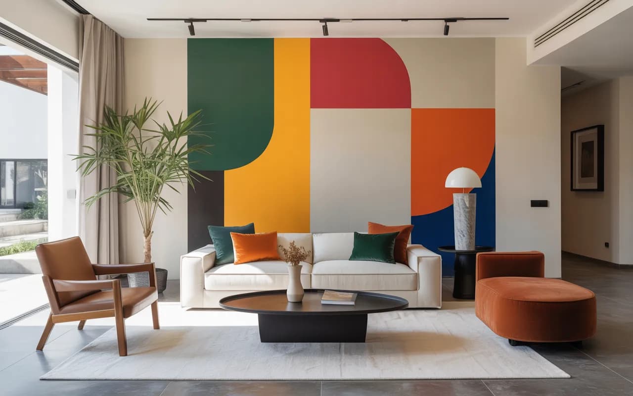 “Contemporary modern living room with neutral base and bold color accents, geometric patterns, sleek furniture, stylish Pinterest aesthetic.”