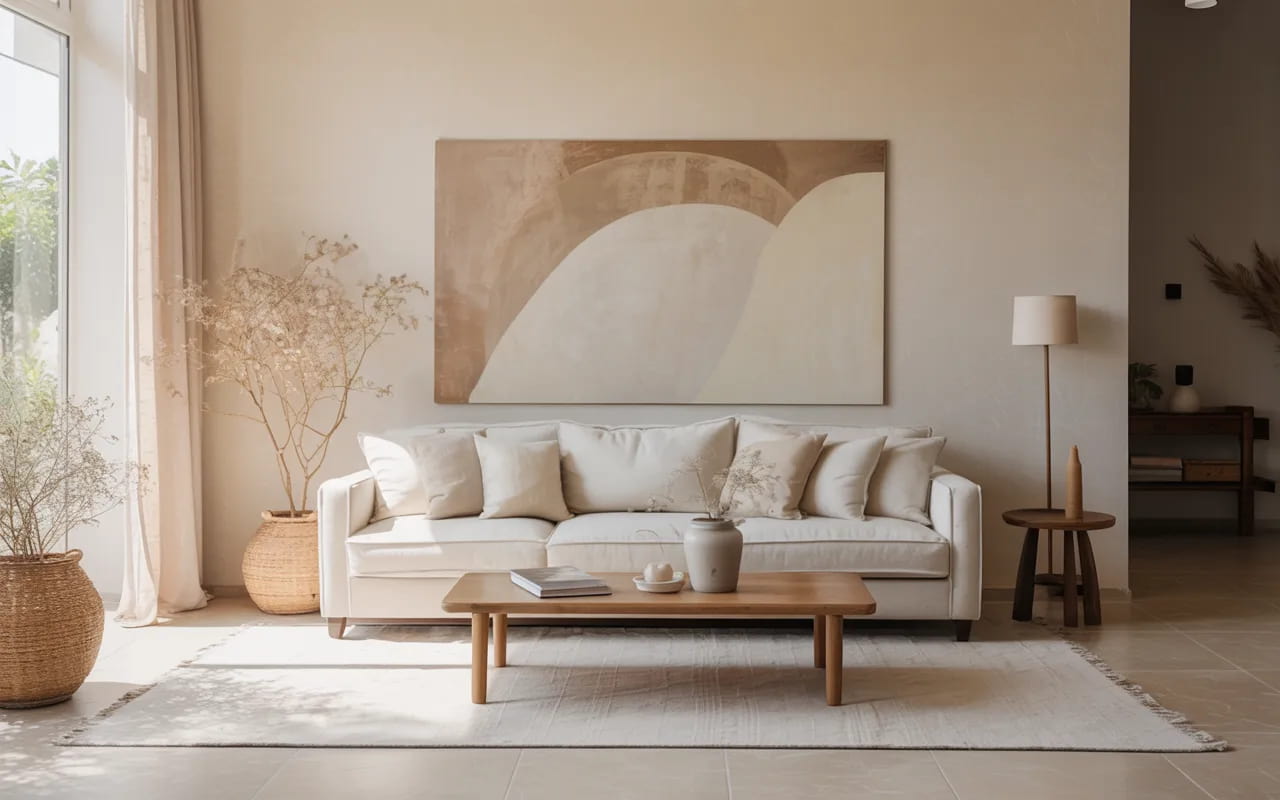 Minimalist living room with soft neutral color palette, beige and cream tones, modern sofa, natural light, clean and cozy aesthetic, Pinterest style”