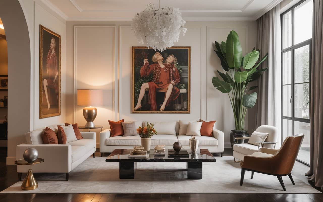 âLuxury living room with curated art, personal accessories, elegant decor, modern stylish interior with characterâ