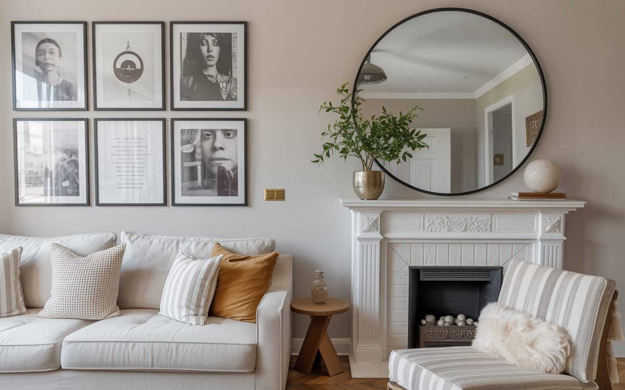 “Living room wall decor with framed artwork, gallery wall, large mirror, neutral walls, stylish home interior”