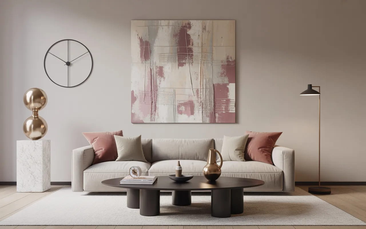 Contemporary living room with abstract wall art, metallic vase, minimalist clock, and decorative floor sculpture.