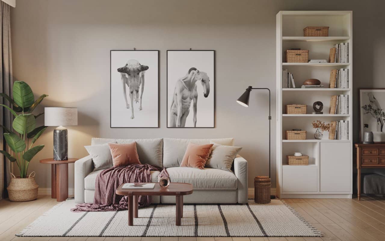 âClean, organized living room, minimal stylish accessories, modern elegant interior with smart storageâ