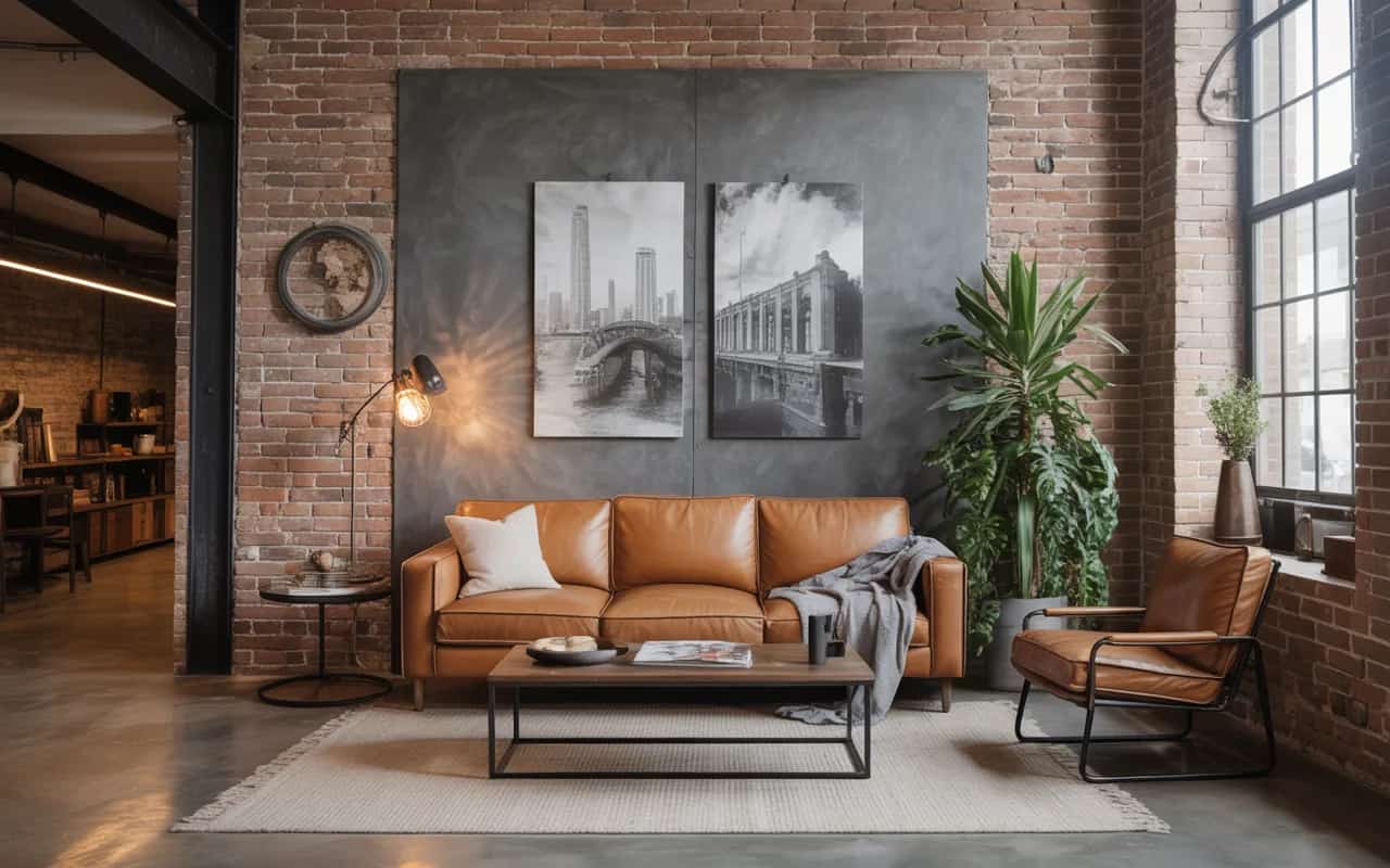 “Modern industrial living room, exposed brick walls, metal accents, concrete floor, leather sofa, statement lighting, neutral tones, cozy urban style, Pinterest-ready.”