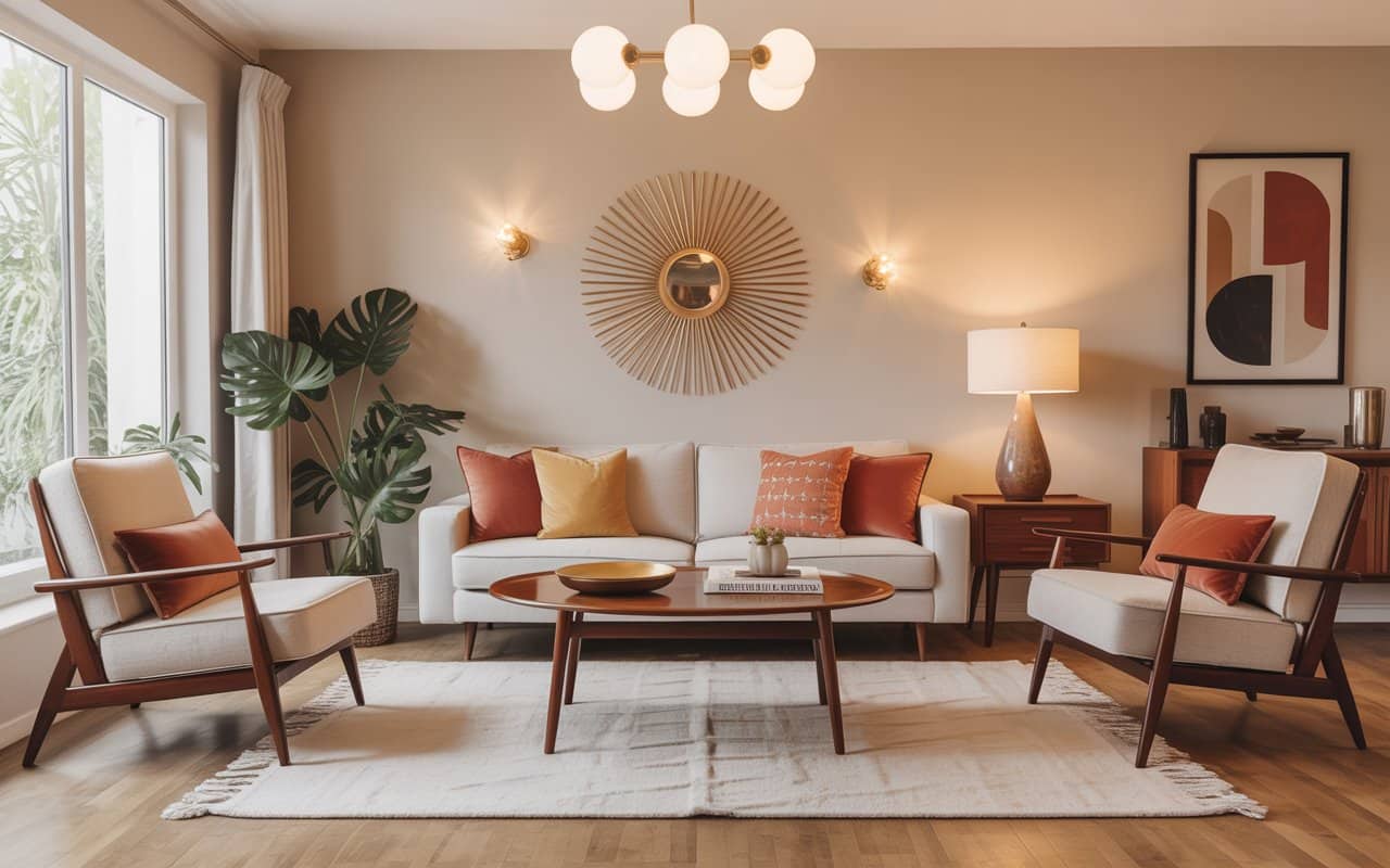 “Mid-century modern living room with retro accents, sunburst mirror, geometric art, stylish warm interior design”