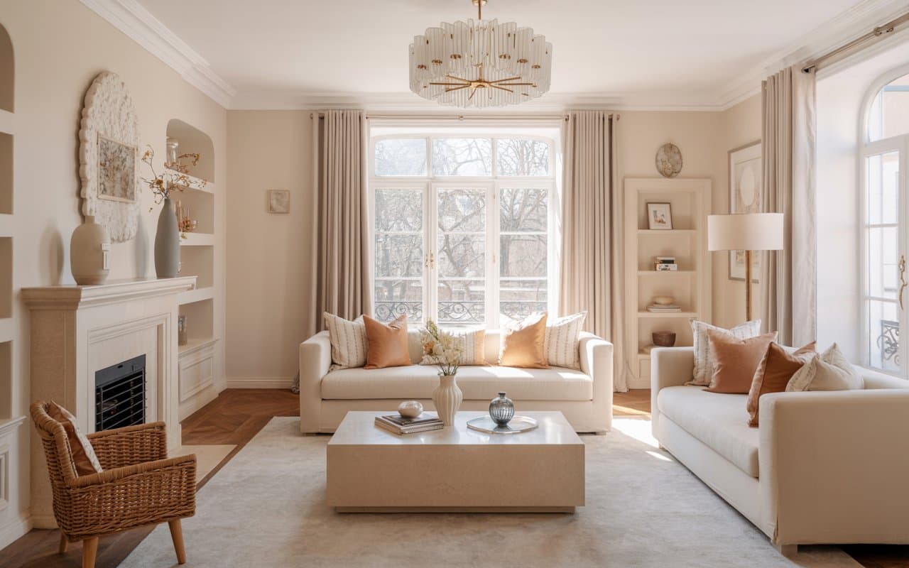 Bright living room with neutral color palette, soft beige walls, accent cushions, natural daylight, elegant modern interior”