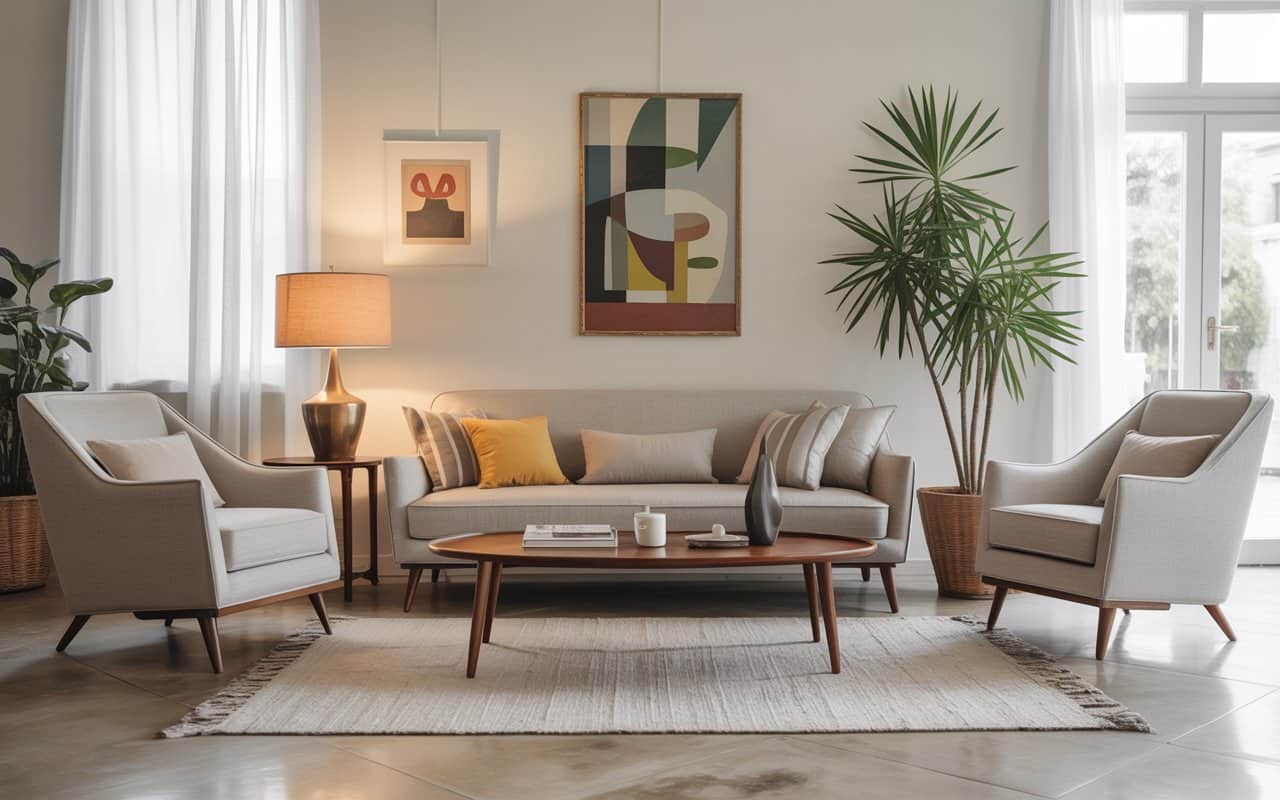 Mid-century modern furniture, low-profile sofa, tapered wooden legs, angular armchairs, stylish and cozy living room”