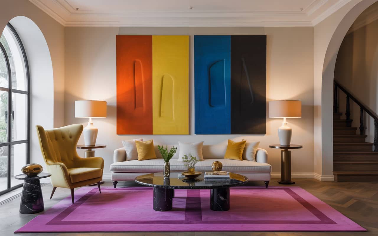 âLuxury living room with statement armchair, bold rug, modern artwork, elegant and stylish interior designâ