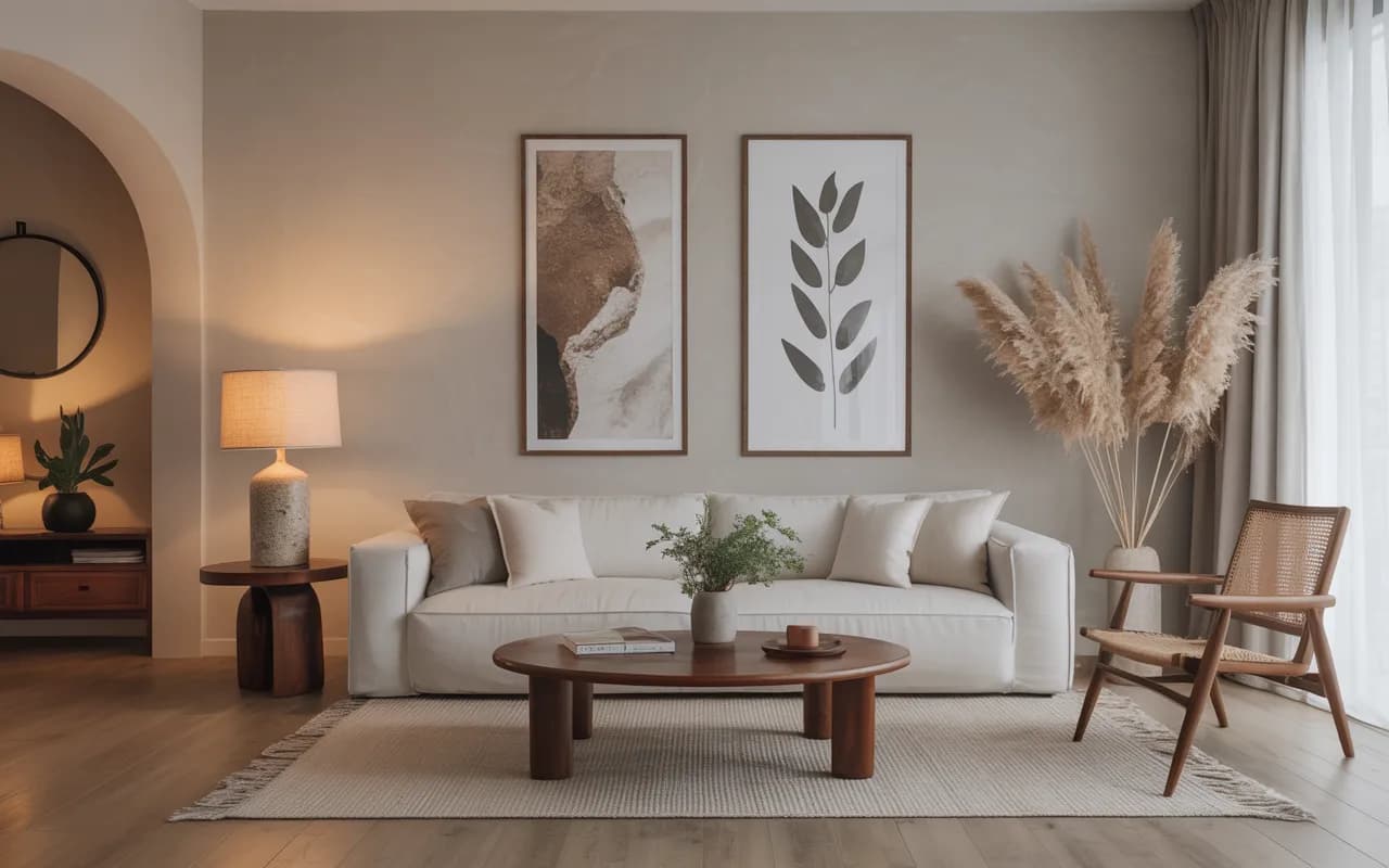 Modern minimalist living room with balanced details, wooden accents, neutral décor, cozy and stylish Pinterest interior”