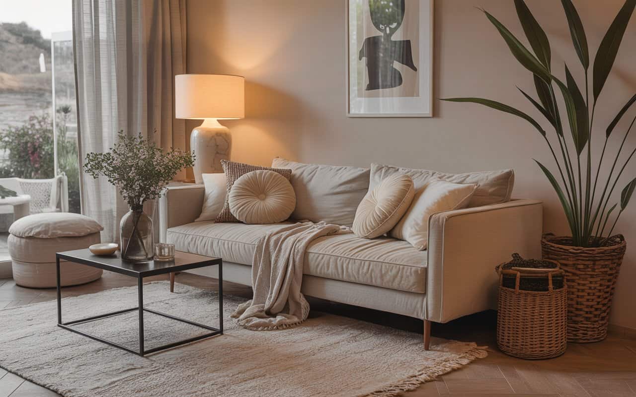 âCozy and stylish living room with layered textiles, plush cushions, elegant decorative accessories, modern luxury interiorâ