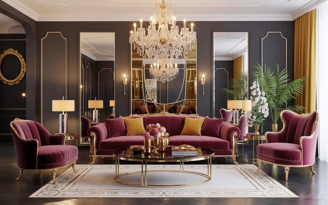 Glam living room, velvet sofa, gold accents, mirrored furniture, chandelier, bold textures, luxurious and elegant, Pinterest-ready interior.”