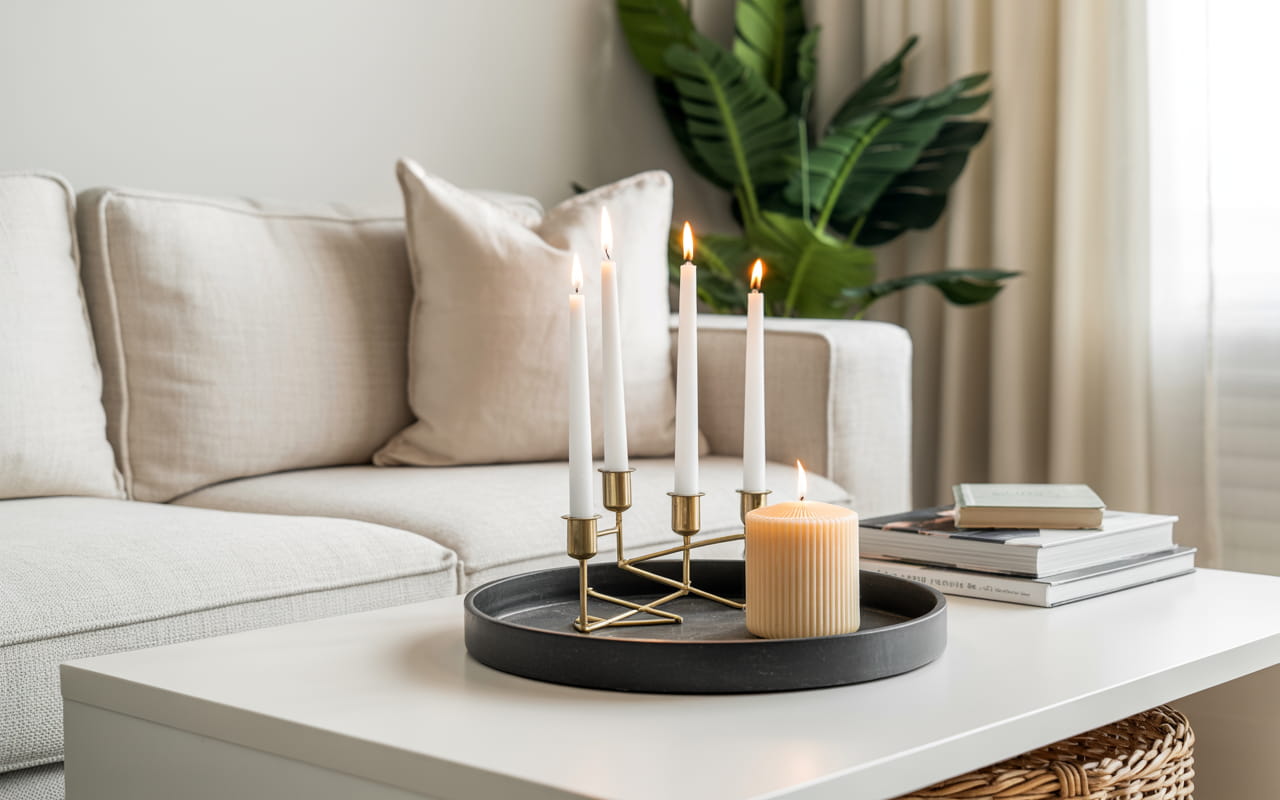 Minimal living room accessories, decorative tray, candles, books, clean modern interior styling”