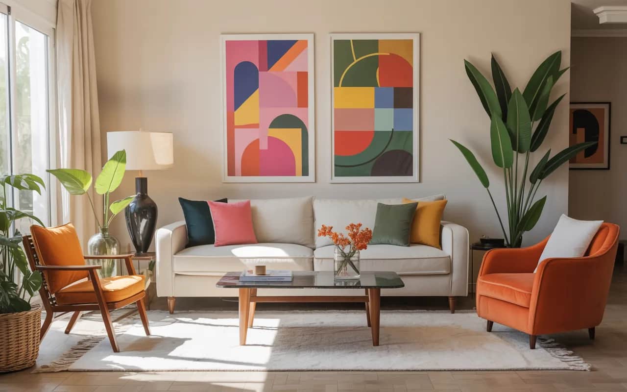“Living room with neutral furniture and bold color accents, vibrant cushions, wall art, lively Pinterest aesthetic.”