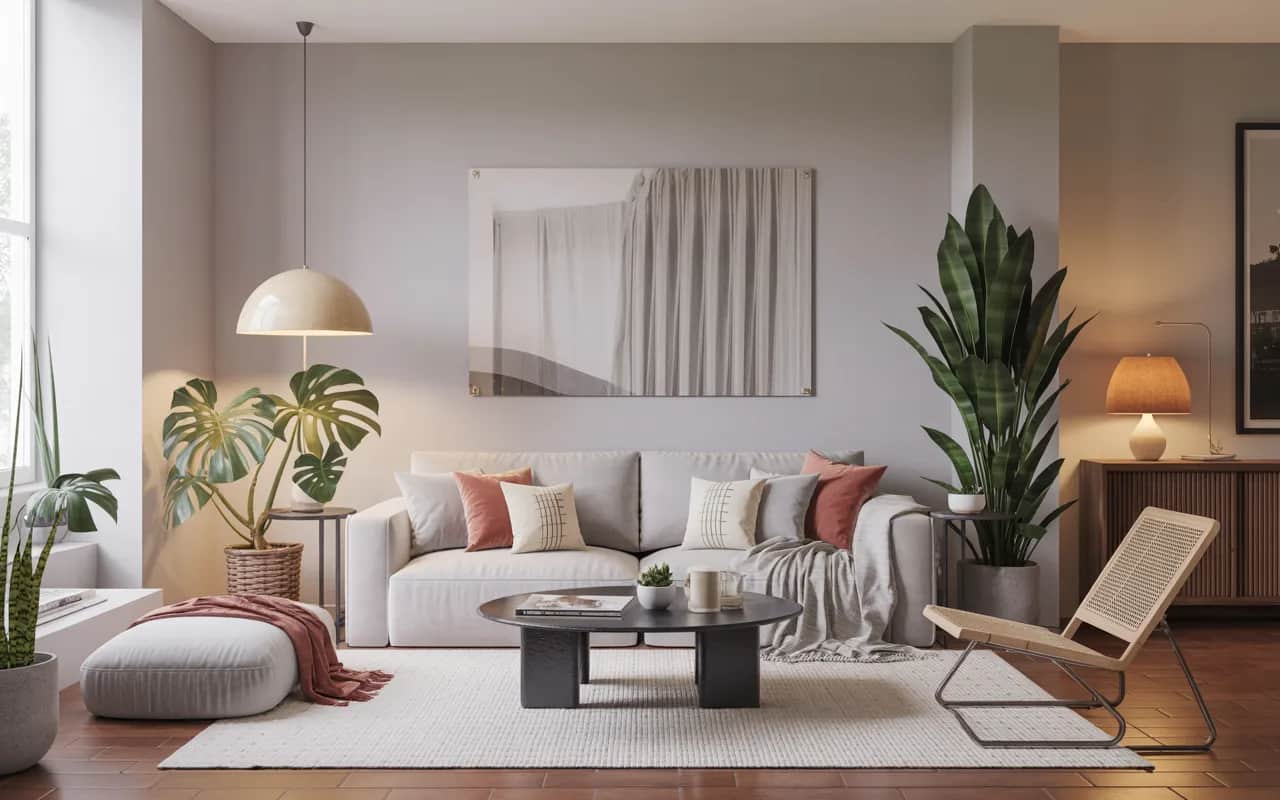 Contemporary living room with plush cushions, soft throw blankets, indoor plants, sleek furniture, and minimalistic decor.