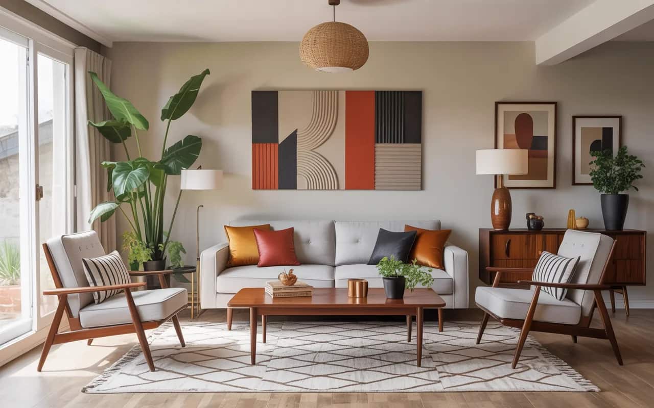 “Mid-century modern living room, retro furniture, geometric patterns, wooden textures, neutral palette with accent colors, stylish and Pinterest-ready.”