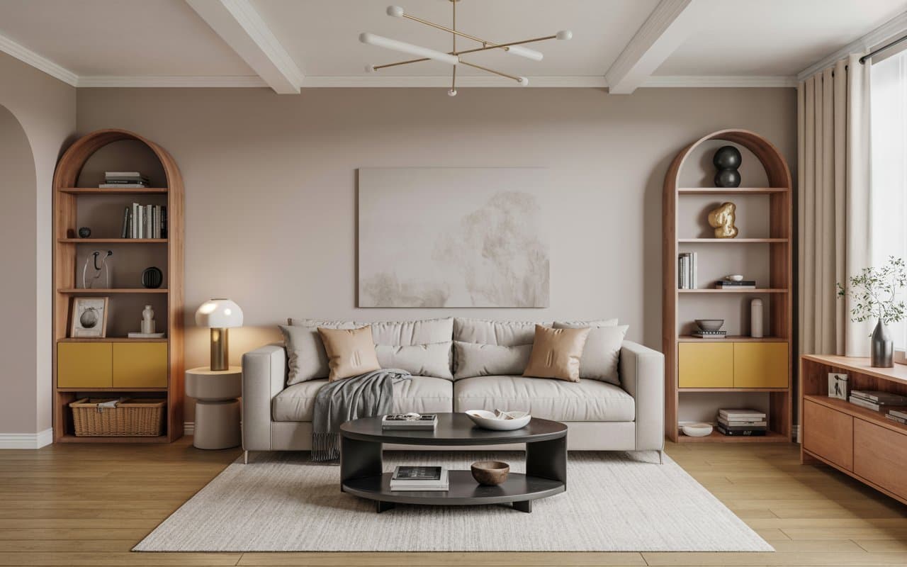 Clean and organized living room, minimal decor, smart storage solutions, calm and modern interior photography”