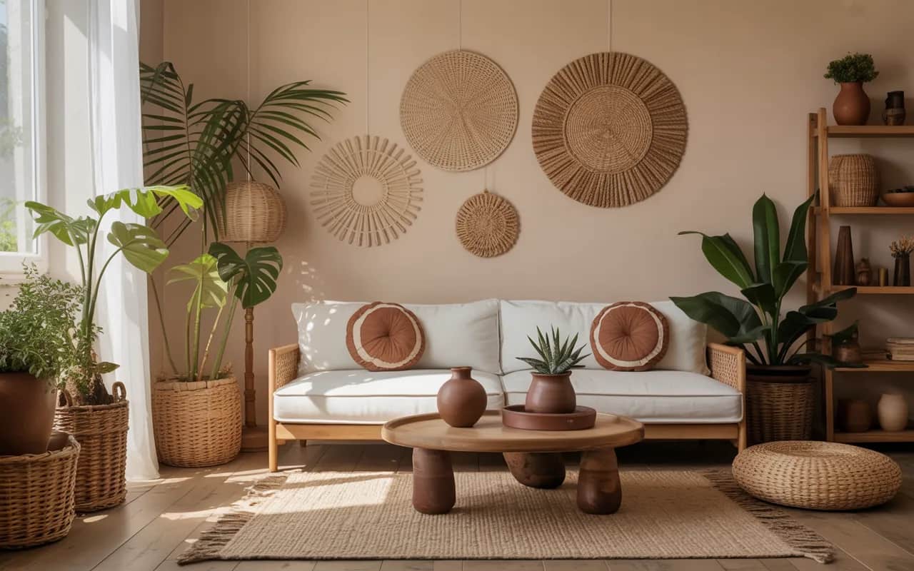 “Earthy living room with clay vases, woven baskets, indoor plants, wooden décor, warm and cozy Pinterest aesthetic.”